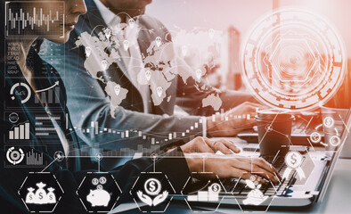 Finance and Money Transaction Technology Concept. Icon Graphic interface showing fintech trade exchange, profit statistics analysis and market analyst service in modern computer application. uds