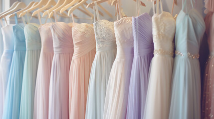 Wall Mural - A variety of pastel-colored bridesmaid dresses hang on wooden hangers against a blurry background.

