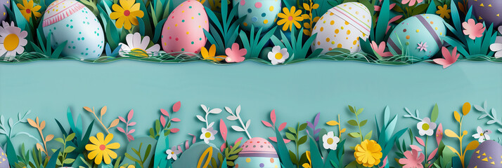 Wall Mural - there are many colorful easter eggs in a row on the grass