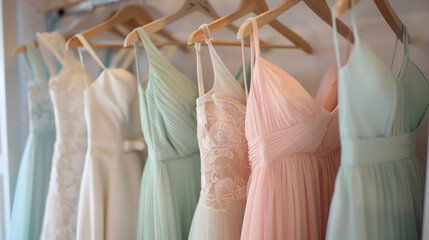 Wall Mural - A variety of pastel-colored bridesmaid dresses hang on wooden hangers against a blurry background.

