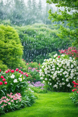 Wall Mural - spring rain in blooming garden, concept freshness nature weather seasonal background
