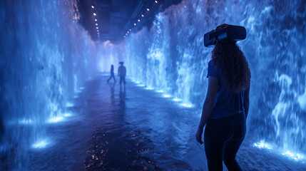 Canvas Print - there is a woman standing in a water fountain with a virtual reality headset