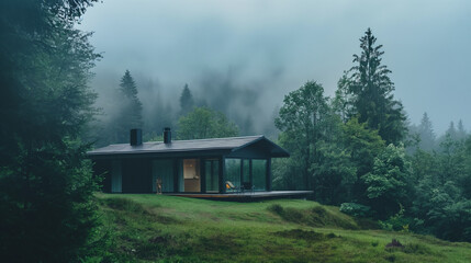 Wall Mural - there is a small cabin on a hill with a view of the forest