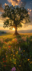 Wall Mural - arafed tree in a field with wildflowers and a sunset