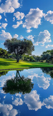 Wall Mural - there is a pond with a tree and a bench in the middle