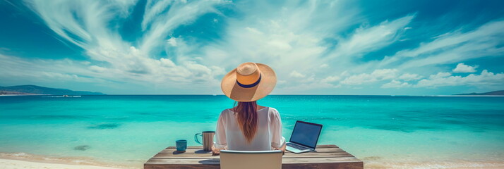 Freelance travel and holidays business woman in freelancer with laptop working over blue sea beach. Generative AI