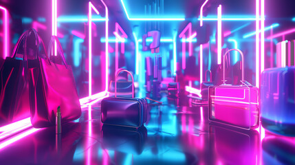 Wall Mural - Several neon colored, transparent suitcases hanging in a mirrored room with bright pink and blue lighting.

