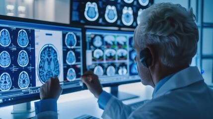 Wall Mural - A close-up of a scientist or researcher examining brain scans on a computer screen, emphasizing the analytical and research aspects of brain studies