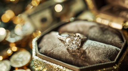 Wall Mural - A close up of a diamond ring in a tan ring box. The ring is surrounded by money and other jewelry.


