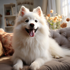 Wall Mural - araffy white dog sitting on a couch with a flower vase in the background