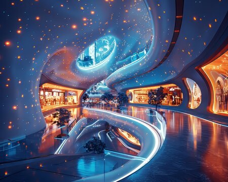 a futuristic mall with a blue and orange color scheme