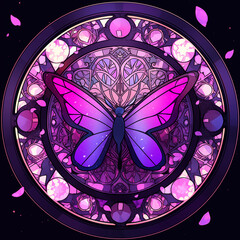 Wall Mural - purple and blue butterfly in a circular stained glass window with petals