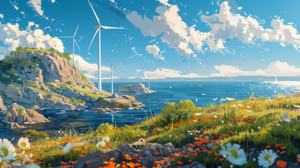Wall Mural - there is a painting of a wind turbine on a hill by the ocean