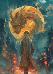 Wall Mural - anime - style painting of a man in a trench coat and a dragon head