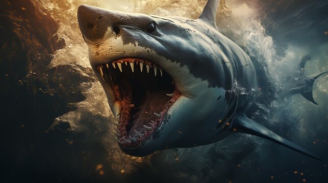 A close-up of a fierce great white shark underwater, mouth open, showcasing its sharp teeth and powerful presence in the ocean.