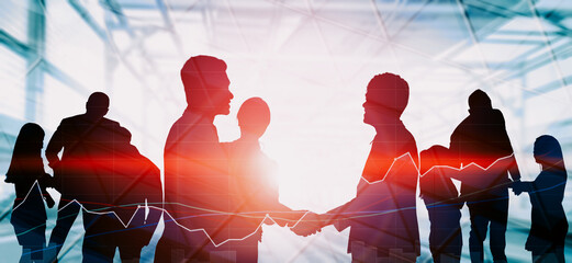 Wall Mural - double exposure image of many business people conference group meeting on city office building in ba