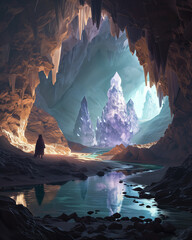 Wall Mural - there is a man standing in a cave looking at the water