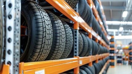 New Tires on Storage Rack in Car Workshop