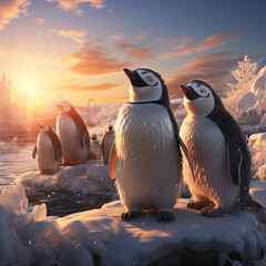 Poster - penguins are standing on a rock in the snow near the water