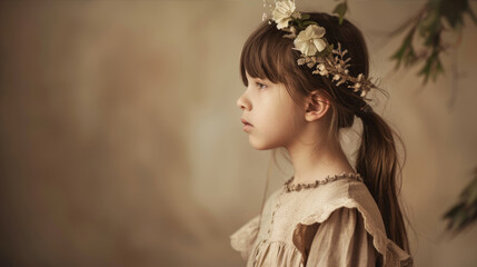 Wall Mural - Little girl in a dress on a beige background
