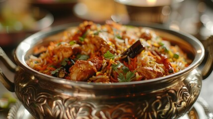 Wall Mural - Spicy chicken biryani cuisine in a shiny silver bowl, authentic Indian food, serving fancy food in a restaurant.