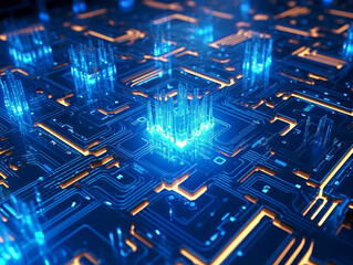 A detailed image of a circuit board with glowing blue elements on a dark blue background, symbolizing high-tech and innovation. Generative AI
