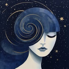 Poster - a painting of a woman's face with stars in the background