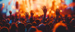© Who is Danny - Silhouettes of concertgoers with hands raised at a live music event, orange and blue hues, blurry lights background, concept of celebration. Generative AI