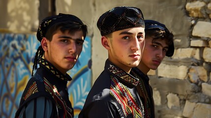 Wall Mural - Young men of Azerbaijan. Azerbaijani men.Three young men wearing traditional embroidered jackets pose with a serious expression against a blurred background. 