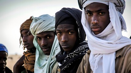 Young men of Mauritania. Mauritanian men.A group of men wearing traditional headscarves stare intently into the camera, showcasing cultural attire against an outdoor backdrop. 