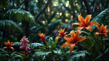 A painting of a tropical scene with flowers and leaves,.