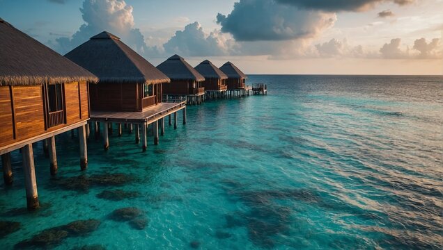 Aerial view of Maldives island, luxury water villas resort and wooden pier. Beautiful sky and ocean lagoon beach background. Summer vacation holiday and travel concept.