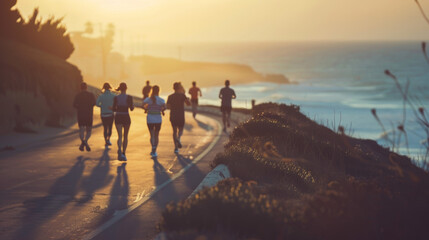 A group of people are running on a road near the ocean