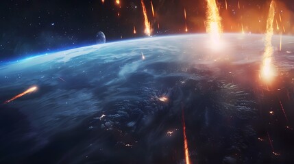 Wall Mural - Aerial view of Meteor or asteroids burning up on the sky and heading to the planet background, shooting star fire that entering through ozone atmosphere scene