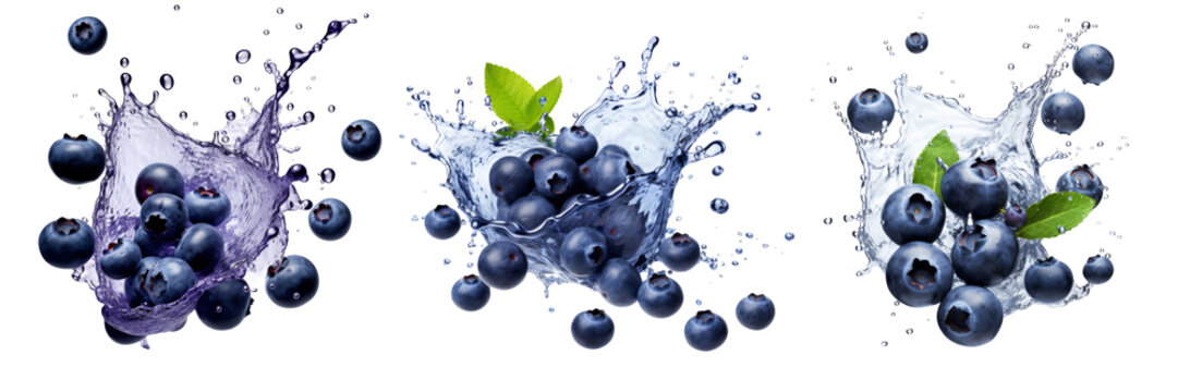 Collection of splash blueberries isolated on white background