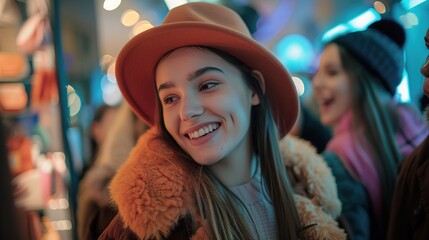 Wall Mural - Portrait of beautiful and charming young woman smiling happily in shopping mall