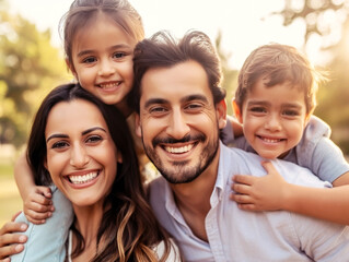 Wall Mural - A happy family portrait with smiling parents and two kids, taken outdoors with a warm sunlight background, embodying the concept of family joy. Generative AI