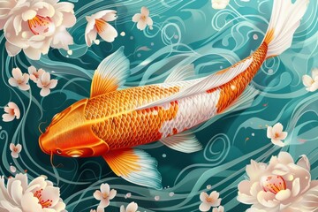 Illustration with Golden koi fish swims in a pond with flowers. Concept: animal, marine animals, rare fish species