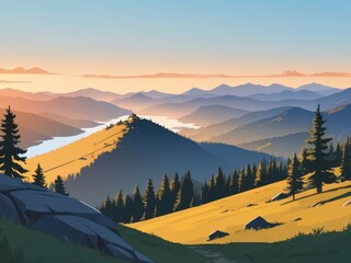 Wall Mural - view from the mountain in the morning flat illustration