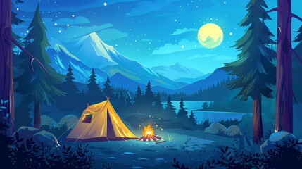 Wall Mural - illustration of night scene of Camp site with camp tent and camp fire in the pine forest, there is a huge mountain at background.