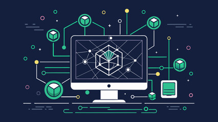 A minimalist line art design of a computer monitor displaying a complex blockchain network.