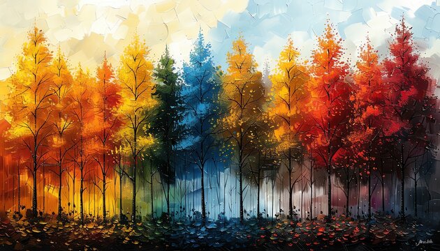 Colorful abstract painting of a forest with trees in various shades of yellow, orange, red, green, and blue.