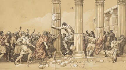 Wall Mural - Biblical Illustration of Samson Destroying Temple, Pushing Pillars, People Fleeing, Beige Background, Copyspace