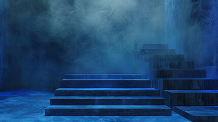 Wall Mural - A staircase is shown in a blue room with smoke in the background