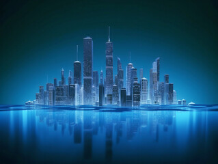 Canvas Print - A futuristic cityscape with skyscrapers against a blue background, reflecting over water, depicting a concept of modern urban development. Generative AI