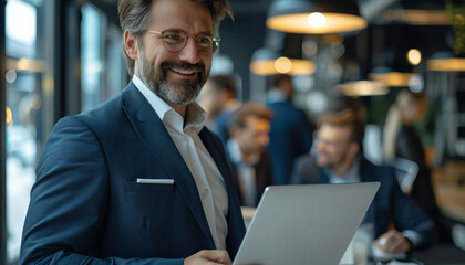 Aufkleber - CEO with a dark blue suit holding a laptop, smiling down at the laptop. behind the CEO is other employees working on laptops. Generative AI.