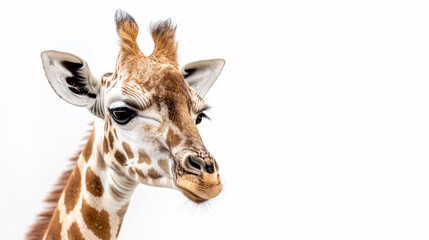 Curious giraffe on white background. Close-up portrait of a young giraffe isolated on a white background, with a curious and inquisitive expression.