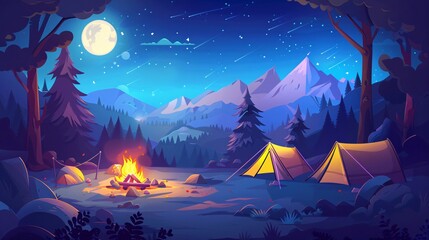 Wall Mural - illustration of night scene of Camp site with camp tent and camp fire in the pine forest, there is a huge mountain at background.