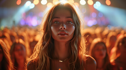 Wall Mural - Beautiful girl at a concert facing the camera in the middle of the crowd, spot light on her. Generative AI.