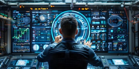 A male programmer analyzes data on a futuristic virtual interface screen. Concept Virtual Interface Screens, Technology, Data Analysis, Futuristic Setting, Male Programmer